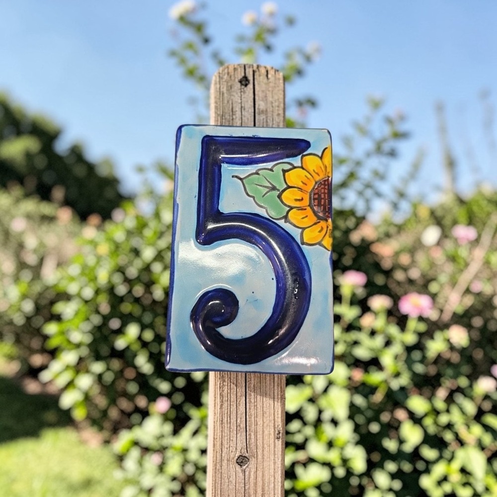 Talavera Sunflower House Number Tile, High Relief #5, Mexican Address Plaque